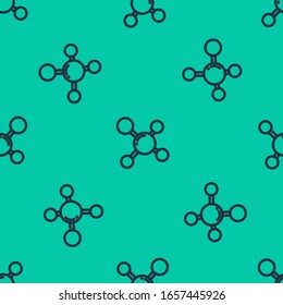 Blue Line Molecule Icon Isolated Seamless Pattern On Green Background. Structure Of Molecules In Chemistry, Science Teachers Innovative Educational Poster.  Vector Illustration