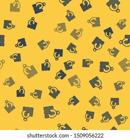 Blue line Money bag and coin icon isolated seamless pattern on yellow background. Dollar or USD symbol. Cash Banking currency sign.   Vector Illustration