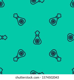 Blue line Money bag with four leaf clover icon isolated seamless pattern on green background. Cash Banking currency sign. Happy Saint Patricks day.  Vector Illustration