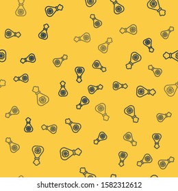 Blue line Money bag with four leaf clover icon isolated seamless pattern on yellow background. Cash Banking currency sign. Happy Saint Patricks day.  Vector Illustration