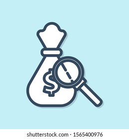 Blue line Money bag and magnifying glass icon isolated on blue background. Dollar or USD symbol. Cash Banking currency sign.  Vector Illustration