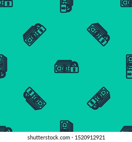 Blue line Money with lock icon isolated seamless pattern on green background. Locked money. Security, safety, protection concept. Concept of a safe payment.  Vector Illustration