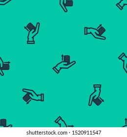 Blue line Money on hand icon isolated seamless pattern on green background. Palm holds cash with arrow up. Cash salary increase. Rising prices. Vector Illustration Blue line Money on hand icon isolated seamless pattern on green background. Palm holds cash with arrow up. Cash salary increase. Rising prices. Vector Illustration