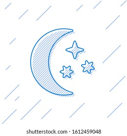 Blue line Moon and stars icon isolated on white background.  Vector Illustration