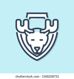 Blue line Moose head on shield icon isolated on blue background. Hunting trophy on wall.  Vector Illustration