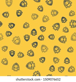 Blue line Moose head on shield icon isolated seamless pattern on yellow background. Hunting trophy on wall.  Vector Illustration