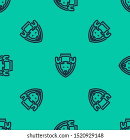 Blue line Moose head on shield icon isolated seamless pattern on green background. Hunting trophy on wall.  Vector Illustration