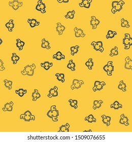 Blue line Moose horns on shield icon isolated seamless pattern on yellow background. Hunting trophy on wall.  Vector Illustration