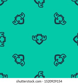 Blue line Moose horns on shield icon isolated seamless pattern on green background. Hunting trophy on wall.  Vector Illustration