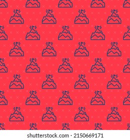 Blue line Mountains with flag on top icon isolated seamless pattern on red background. Symbol of victory or success concept. Goal achievement.  Vector