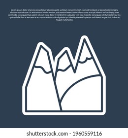 Blue line Mountains icon isolated on blue background. Symbol of victory or success concept. Goal achievement. Vector