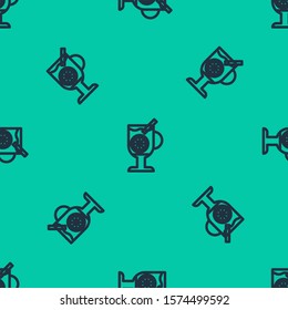 Blue line Mulled wine with glass of drink and ingredients icon isolated seamless pattern on green background. Cinnamon stick, clove, lemon slice.  Vector Illustration
