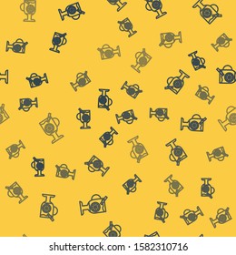 Blue line Mulled wine with glass of drink and ingredients icon isolated seamless pattern on yellow background. Cinnamon stick, clove, lemon slice.  Vector Illustration