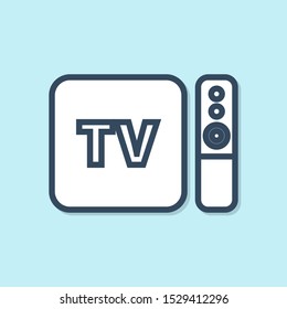 Blue line Multimedia and TV box receiver and player with remote controller icon isolated on blue background.  Vector Illustration