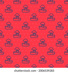 Blue line Mushroom icon isolated seamless pattern on red background.  Vector