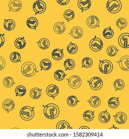 Blue line Music CD player icon isolated seamless pattern on yellow background. Portable music device.  Vector Illustration