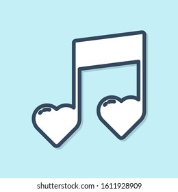 Blue line Music note, tone with hearts icon isolated on blue background. Valentines day.  Vector Illustration