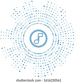 Blue line Music note, tone icon isolated on white background. Abstract circle random dots. Vector Illustration