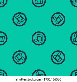 Blue line Music note, tone icon isolated seamless pattern on green background.  Vector