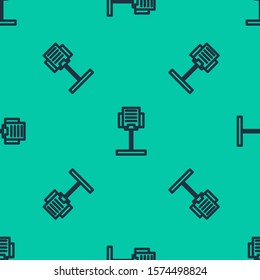 Blue line Music stand icon isolated seamless pattern on green background. Musical equipment.  Vector Illustration