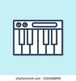 Blue line Music synthesizer icon isolated on blue background. Electronic piano.  Vector Illustration