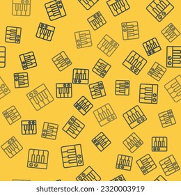 Blue line Music synthesizer icon isolated seamless pattern on yellow background. Electronic piano.  Vector