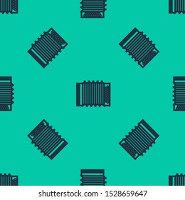 Blue line Musical instrument accordion icon isolated seamless pattern on green background. Classical bayan, harmonic.  Vector Illustration