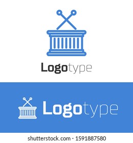 Blue line Musical instrument drum and drum sticks icon isolated on white background. Logo design template element. Vector Illustration