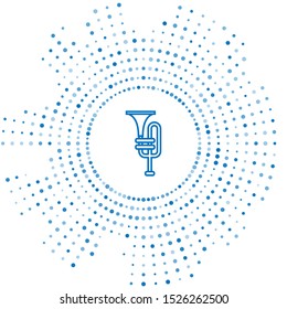 Blue line Musical instrument trumpet icon isolated on white background. Abstract circle random dots. Vector Illustration