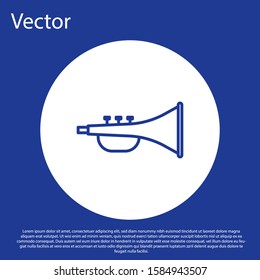 Blue line Musical instrument trumpet icon isolated on blue background. White circle button. Vector Illustration