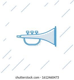 Blue line Musical instrument trumpet icon isolated on white background.  Vector Illustration
