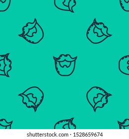 Blue line Mustache and beard icon isolated seamless pattern on green background. Barbershop symbol. Facial hair style.  Vector Illustration
