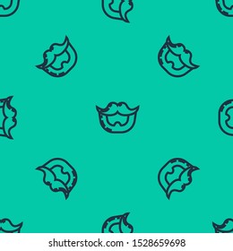 Blue line Mustache and beard icon isolated seamless pattern on green background. Barbershop symbol. Facial hair style.  Vector Illustration