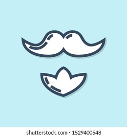 Blue line Mustache and beard icon isolated on blue background. Barbershop symbol. Facial hair style.  Vector Illustration