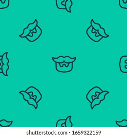 Línea azul Mustache e icono de barba aislado sin fisuras en el fondo verde. Símbolo de barbería. Estilo facial del cabello. Ilustración vectorial