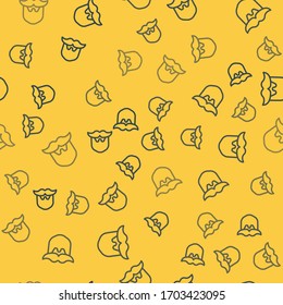 Blue line Mustache and beard icon isolated seamless pattern on yellow background. Barbershop symbol. Facial hair style.  Vector Illustration