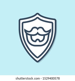 Blue line Mustache and beard on shield icon isolated on blue background. Barbershop symbol. Facial hair style.  Vector Illustration