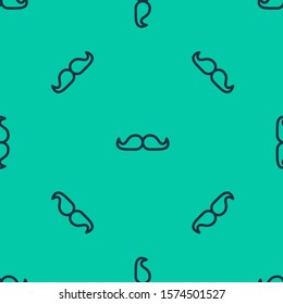 Blue line Mustache icon isolated seamless pattern on green background. Barbershop symbol. Facial hair style.  Vector Illustration