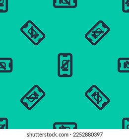 Blue Line Mute Mikrofon auf Handy Symbol einzeln nahtlos Muster auf grünem Hintergrund. Mikrofon-Audio mutiert.  Vektorgrafik