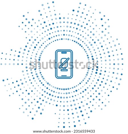 Blue line Mute microphone on mobile phone icon isolated on white background. Microphone audio muted. Abstract circle random dots. Vector