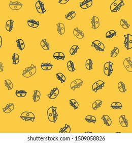 Blue line Nachos in plate icon isolated seamless pattern on yellow background. Tortilla chips or nachos tortillas. Traditional mexican fast food menu.  Vector Illustration