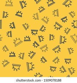 Blue line Needle bed and needles icon isolated seamless pattern on yellow background. Handmade and sewing theme.  Vector Illustration