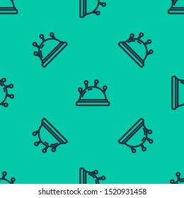 Blue line Needle bed and needles icon isolated seamless pattern on green background. Handmade and sewing theme.  Vector Illustration