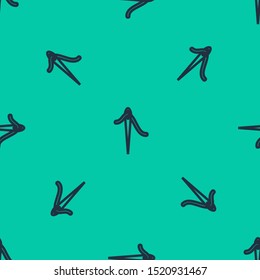 Blue line Needle for sewing with thread icon isolated seamless pattern on green background. Tailor symbol. Textile sew up craft sign. Embroidery tool.  Vector Illustration