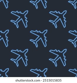 Blue line neon airplane icons on black background. Vector seamless pattern.