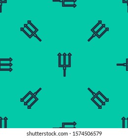 Blue line Neptune Trident icon isolated seamless pattern on green background.  Vector Illustration