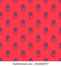 Blue line Newborn baby infant swaddled or swaddling icon isolated seamless pattern on red background. Baby kid child wrapped in blanket clothes.  Vector