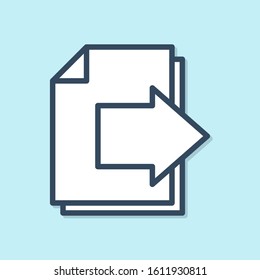 Blue line Next page arrow icon isolated on blue background. Document file with arrow. Send document.  Vector Illustration
