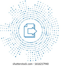 Blue line Next page arrow icon isolated on white background. Document file with arrow. Send document. Abstract circle random dots. Vector Illustration