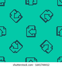 Blue line Next page arrow icon isolated seamless pattern on green background. Document file with arrow. Send document.  Vector Illustration